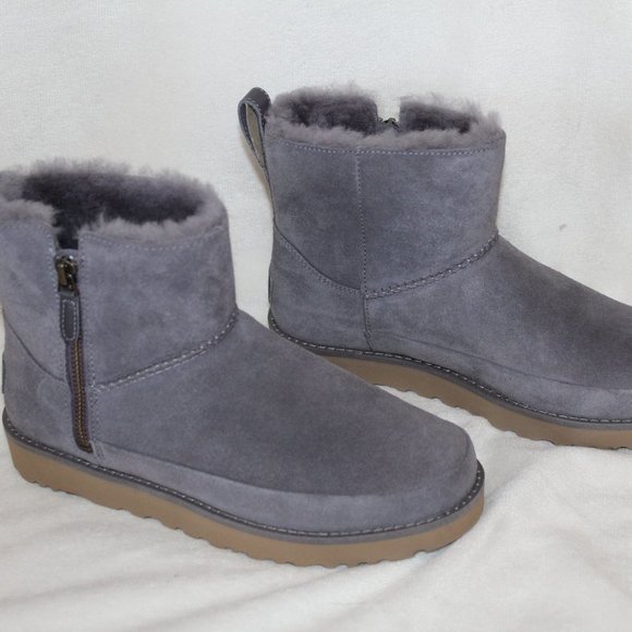 NIB UGG‎ WOMEN'S SUEDE SHEARLING LINED MINI DOUBLE ZIP BOOTS GRAY - Picture 2 of 7